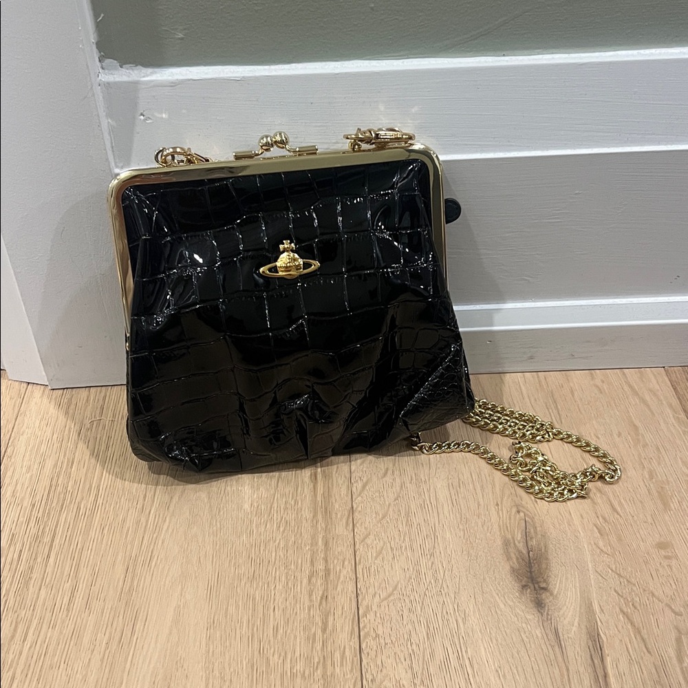 Vivienne Westwood Mini handbag in black croc-embossed patent leather chain strap